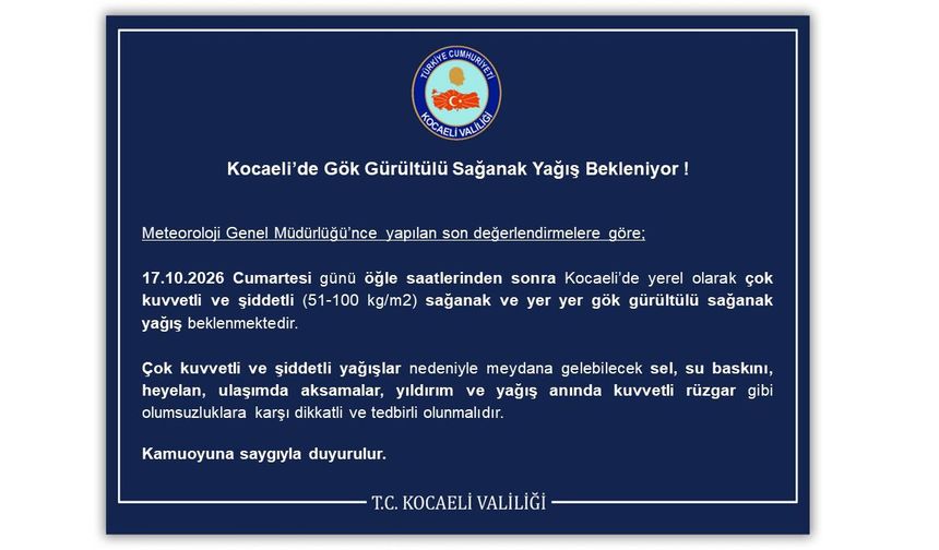 Kocaeli’de gök gürültülü sağanak yağış bekleniyor !