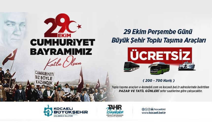 Kocaeli’de 29 Ekim’de toplu ulaşım ücretsiz