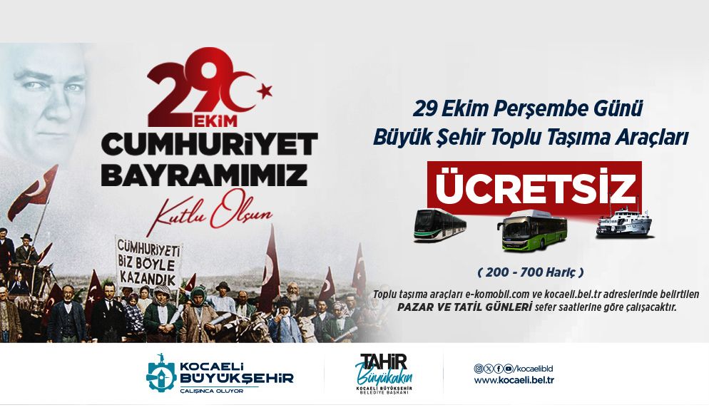 Kocaeli’de 29 Ekim’de toplu ulaşım ücretsiz